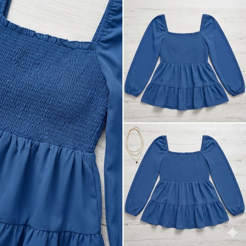 NWT Blue Babydoll Blouse Puff Sleeve Square Neck Peplum Top Plus Size 5XL